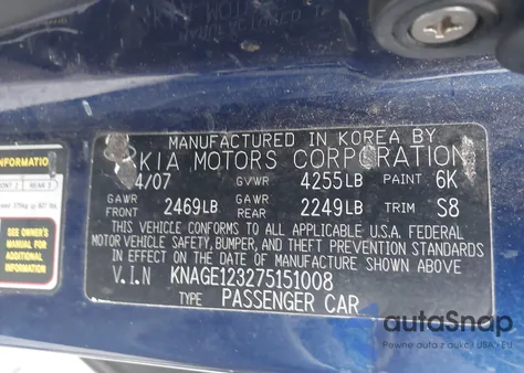 2007 Kia Optima Lx z USA, uszkodzony, nr VIN KNAGE123275151008